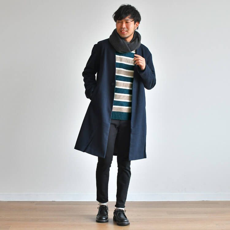 スヌード×ノーカラーコート