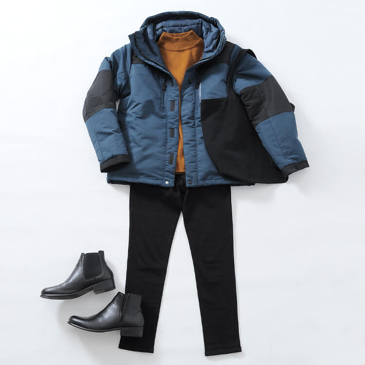 ブルーのダウンジャケットとマスタードニットの冬コーデ