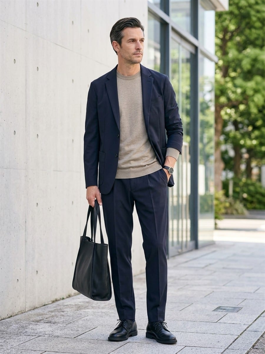 ネイビーのジャケットと合わせる、ネイビーのパンツ