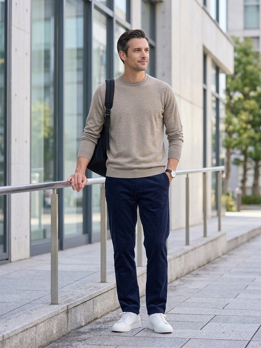 ネイビーのパンツに、グレージュのニット