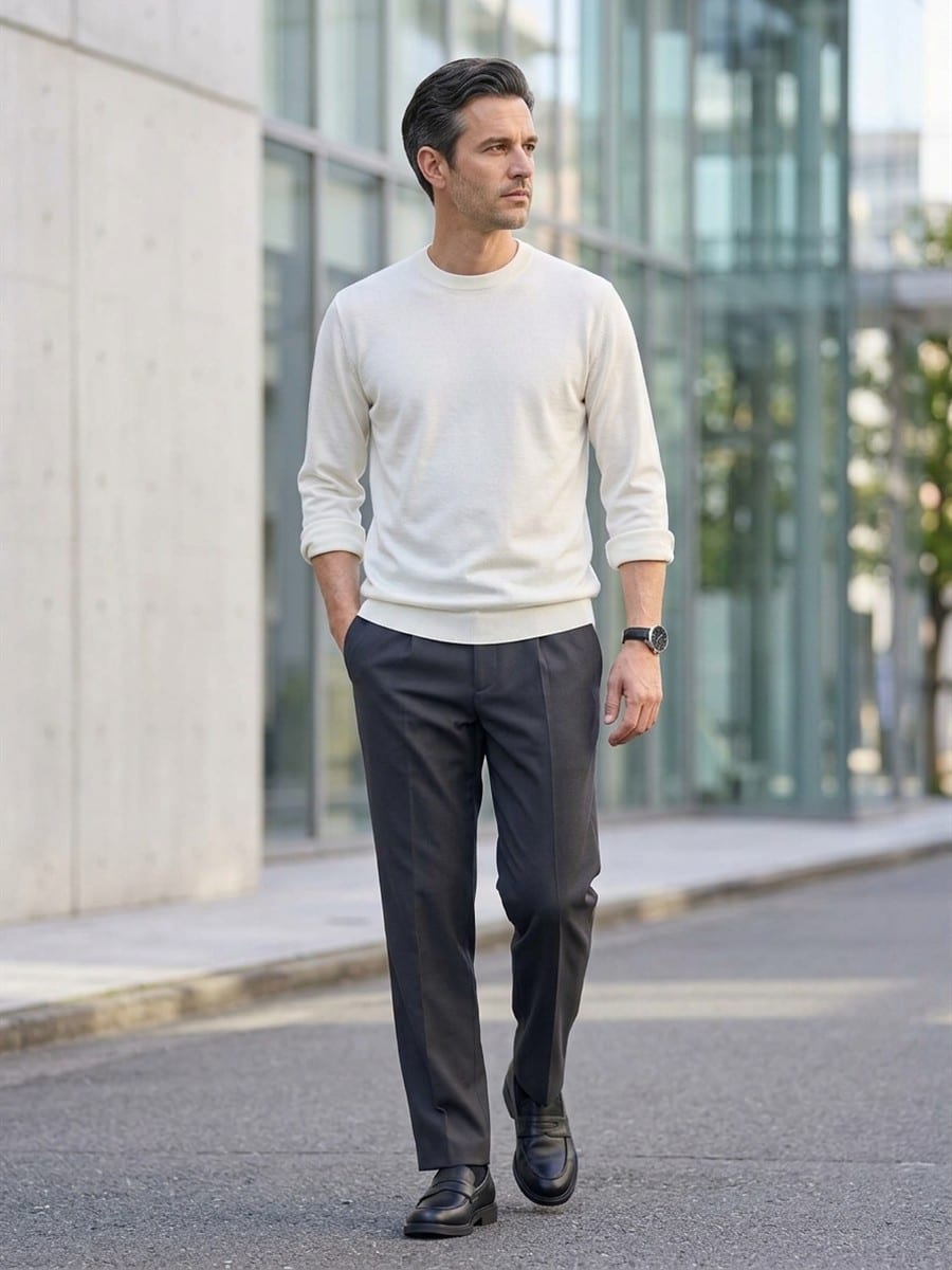 ホワイトのニットと合わせる、チャコールのパンツ