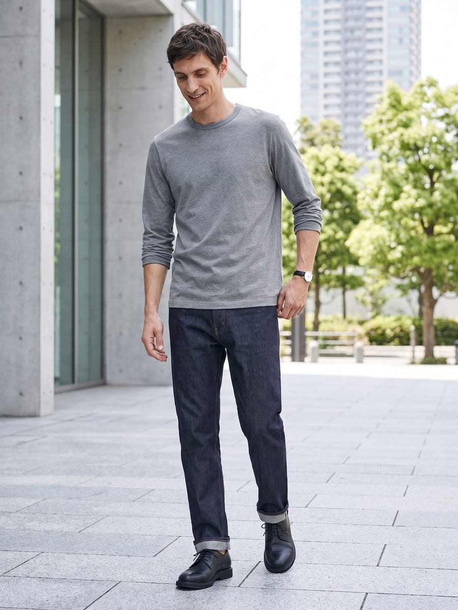 ディープインディゴのパンツに、グレーのTシャツ