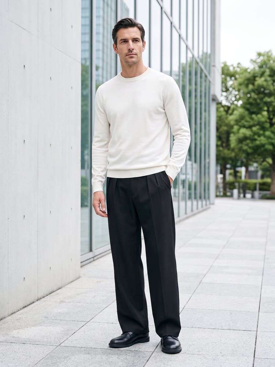 ホワイトのニットと合わせる、ブラックのパンツ