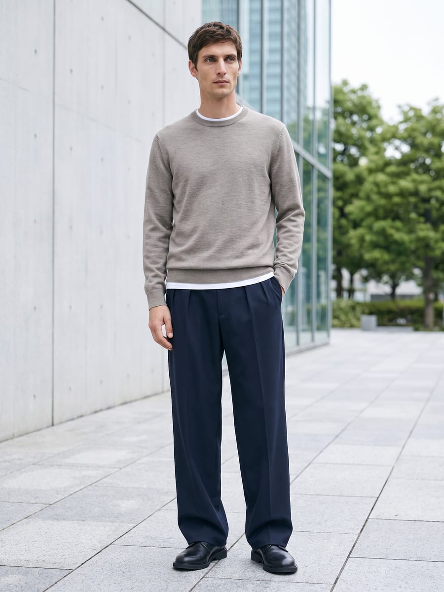 ネイビーのジャケットと合わせる、ネイビーのパンツ