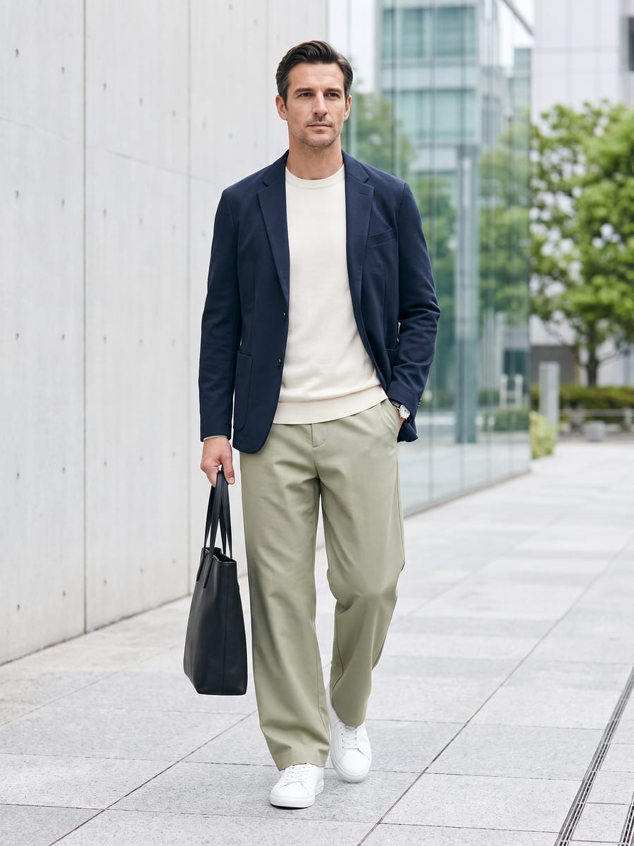 ネイビーのジャケットと合わせる、カーキのセットアップ
