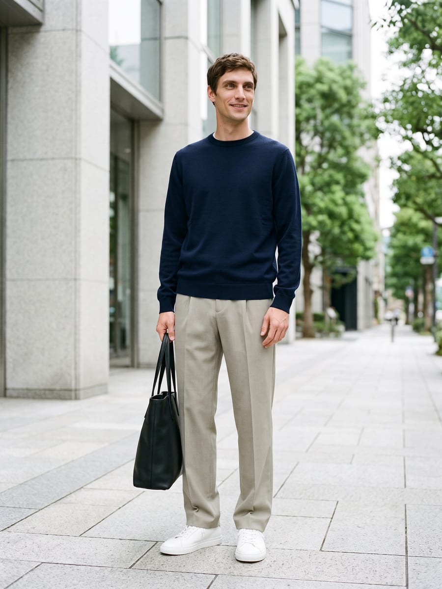 ベージュのパンツを軸に、色数を抑えて