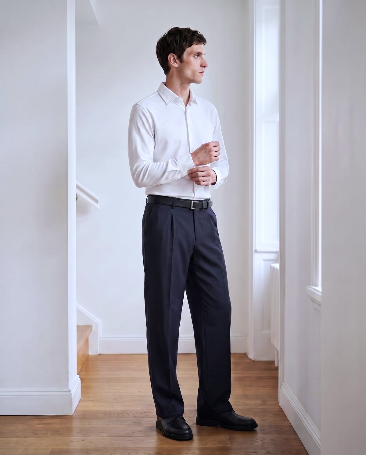 朝の玄関で、白いシャツの袖口を整える、黒のベルトにネイビーのストレートの男性