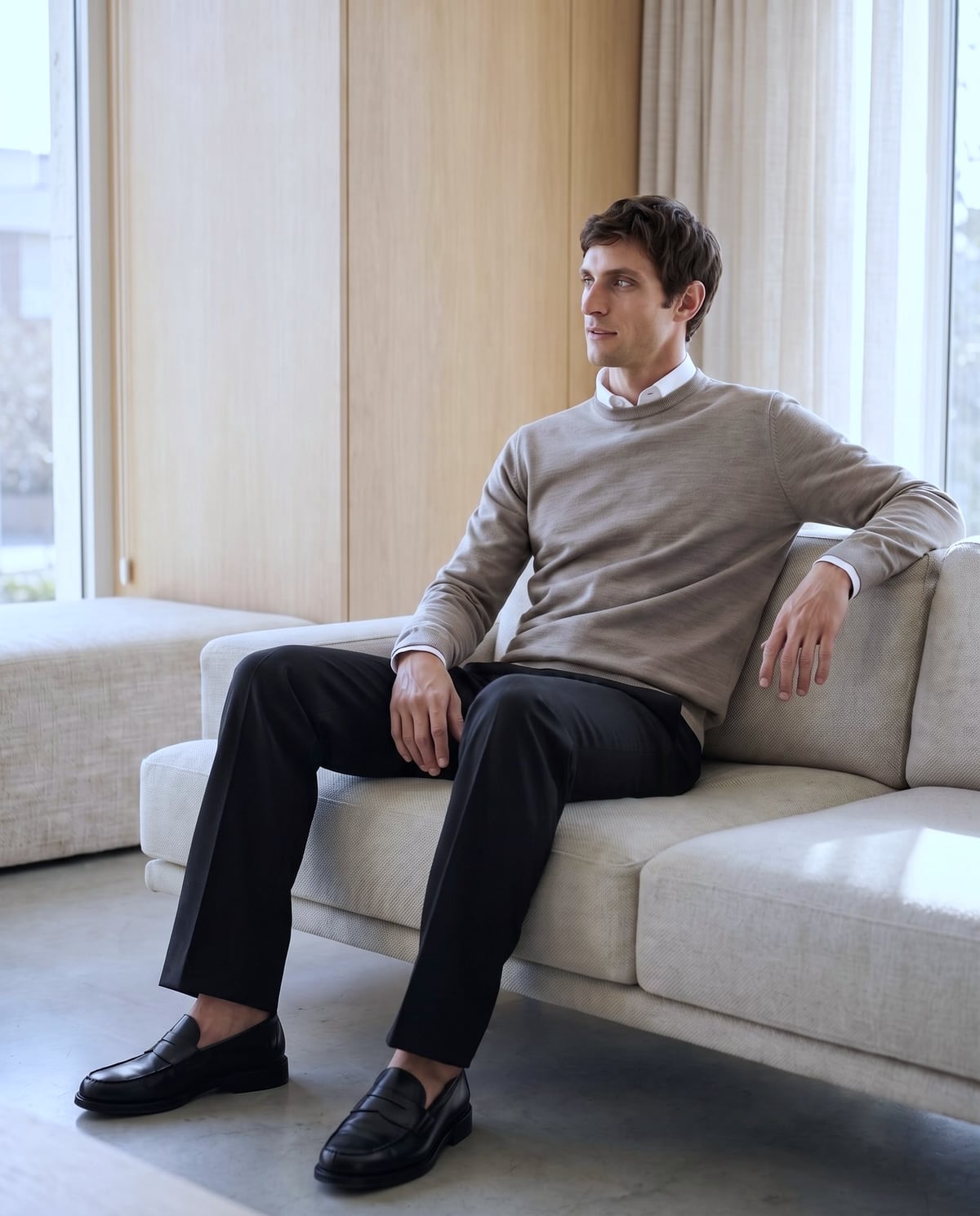 明るいラウンジのソファに座り、話を聞くグレージュのニットにブラックのストレートの男性