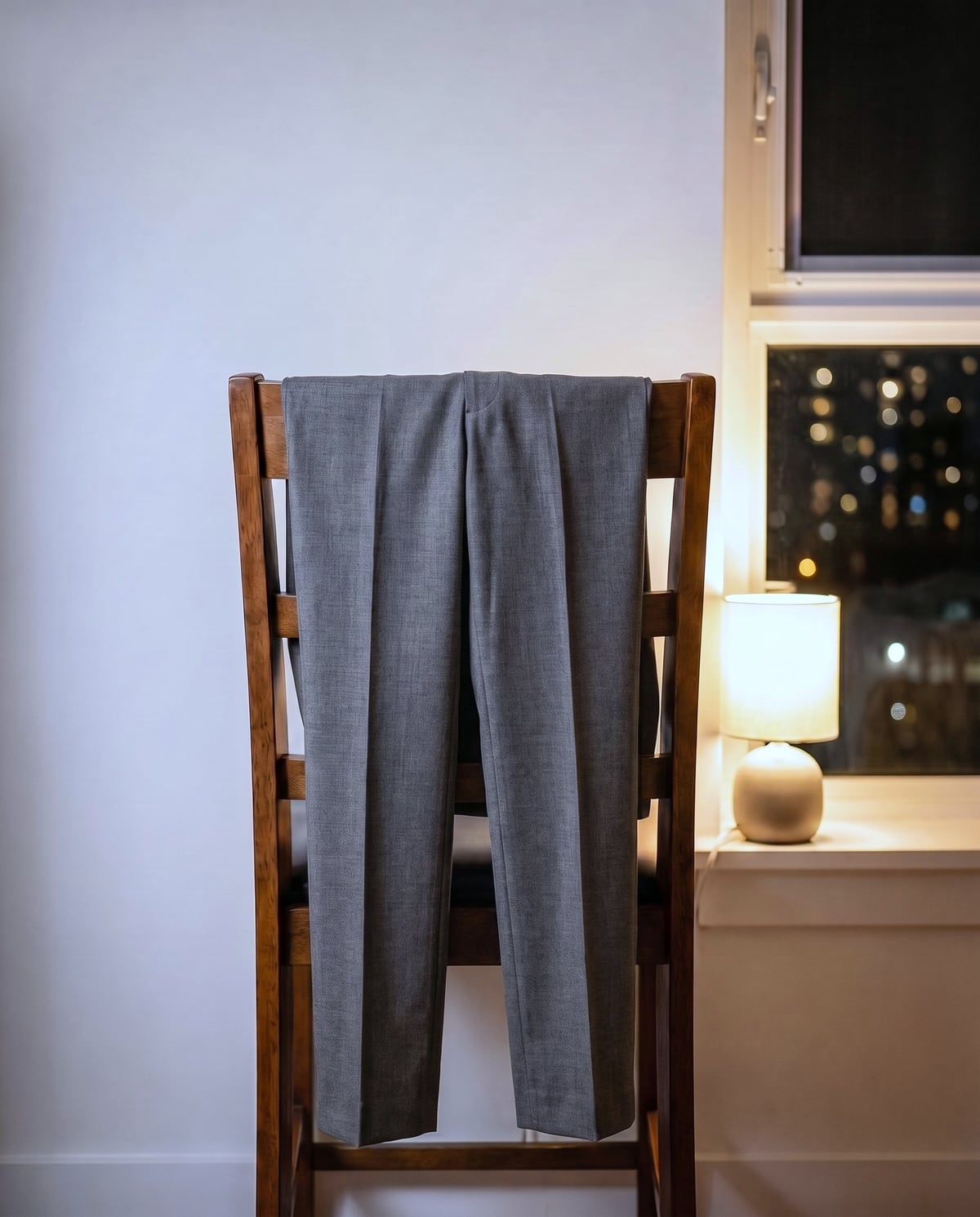 夜の部屋で、椅子の背に掛けたグレーのパンツ
