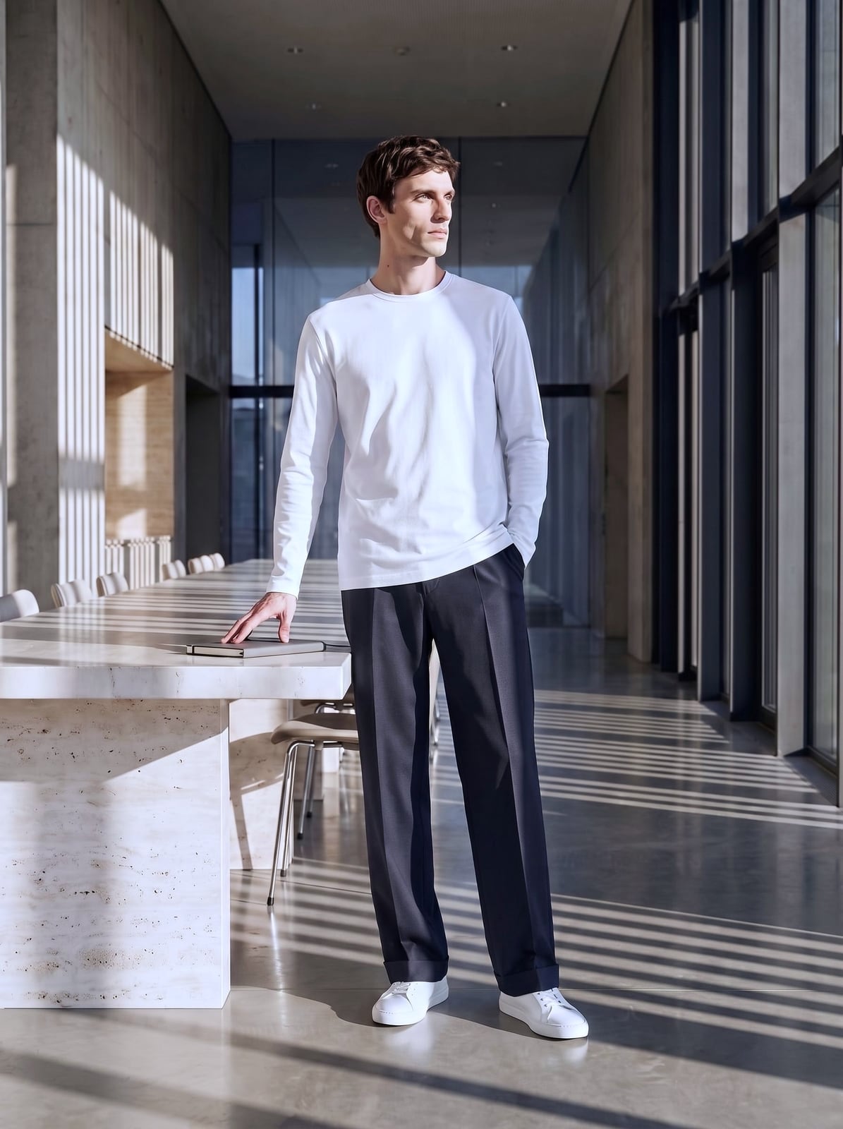 ネイビーのパンツに白いロングスリーブTシャツと白いスニーカー。石のテーブルに手を添えて立つ男性