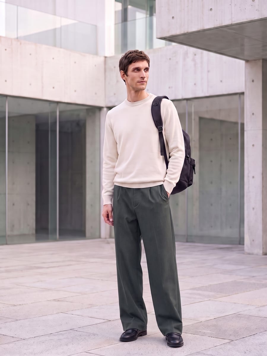 ネイビーのパンツに、ホワイトのニット