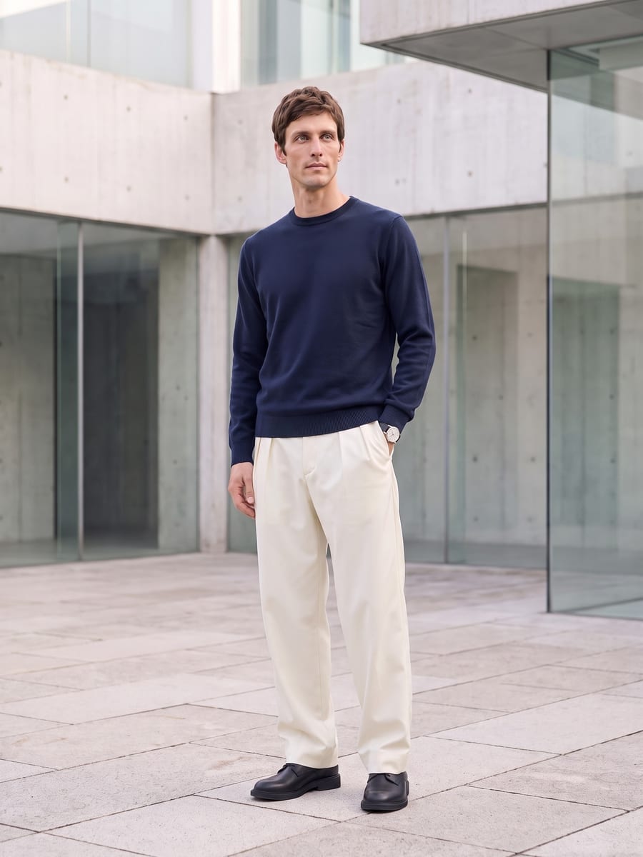 ホワイトのモックネックTシャツと合わせる、アイボリーのパンツ