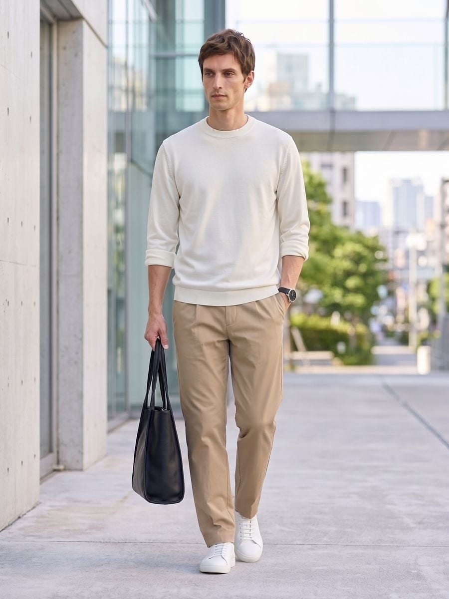 ホワイトのニットと合わせる、ベージュのパンツ