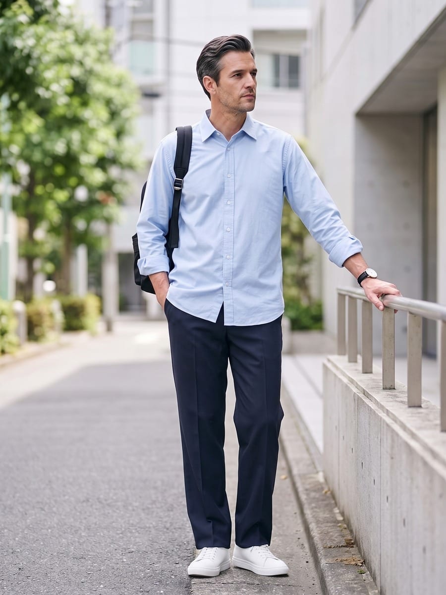 サックスブルーのシャツと合わせる、ネイビーのパンツ