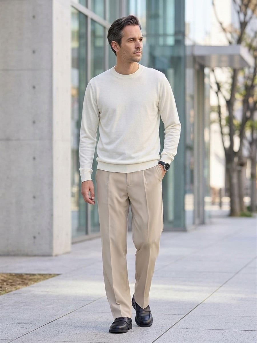 アーシーベージュのパンツを軸に、色数を抑えて