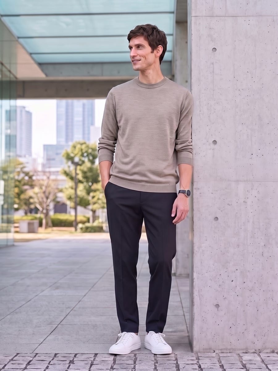 グレージュのニットと合わせる、ブラックのパンツ