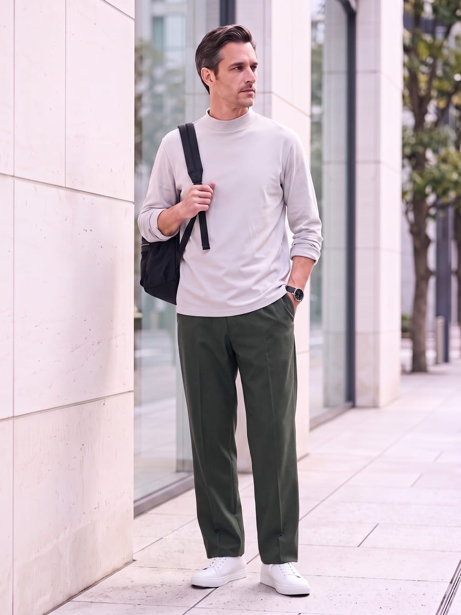 杢チャコールのパンツを軸に、色数を抑えて