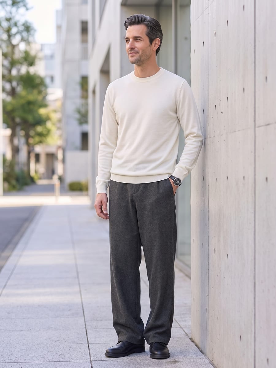 チャコールのパンツに、ホワイトのニット