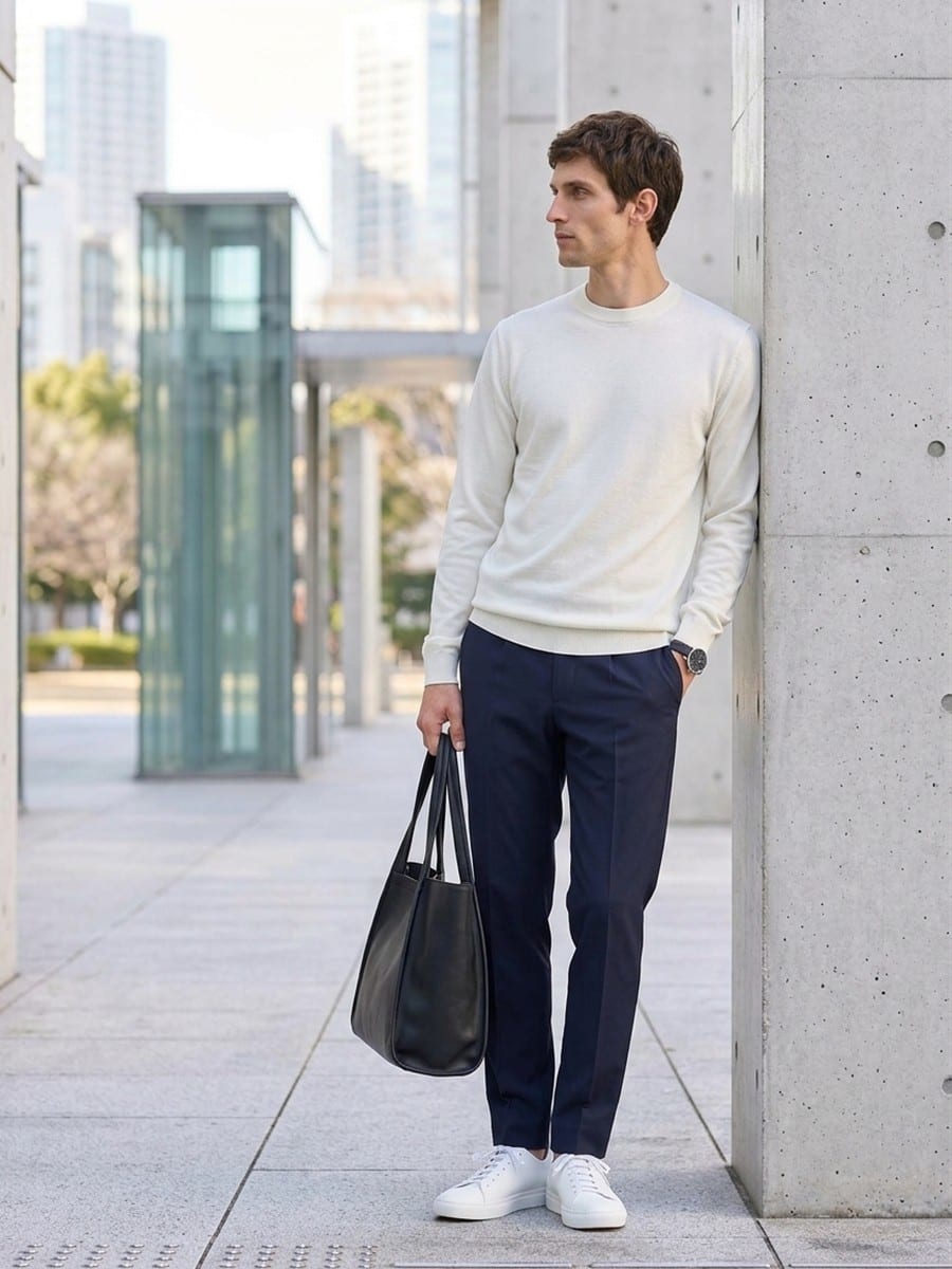 ホワイトのニットと合わせる、ネイビーのパンツ