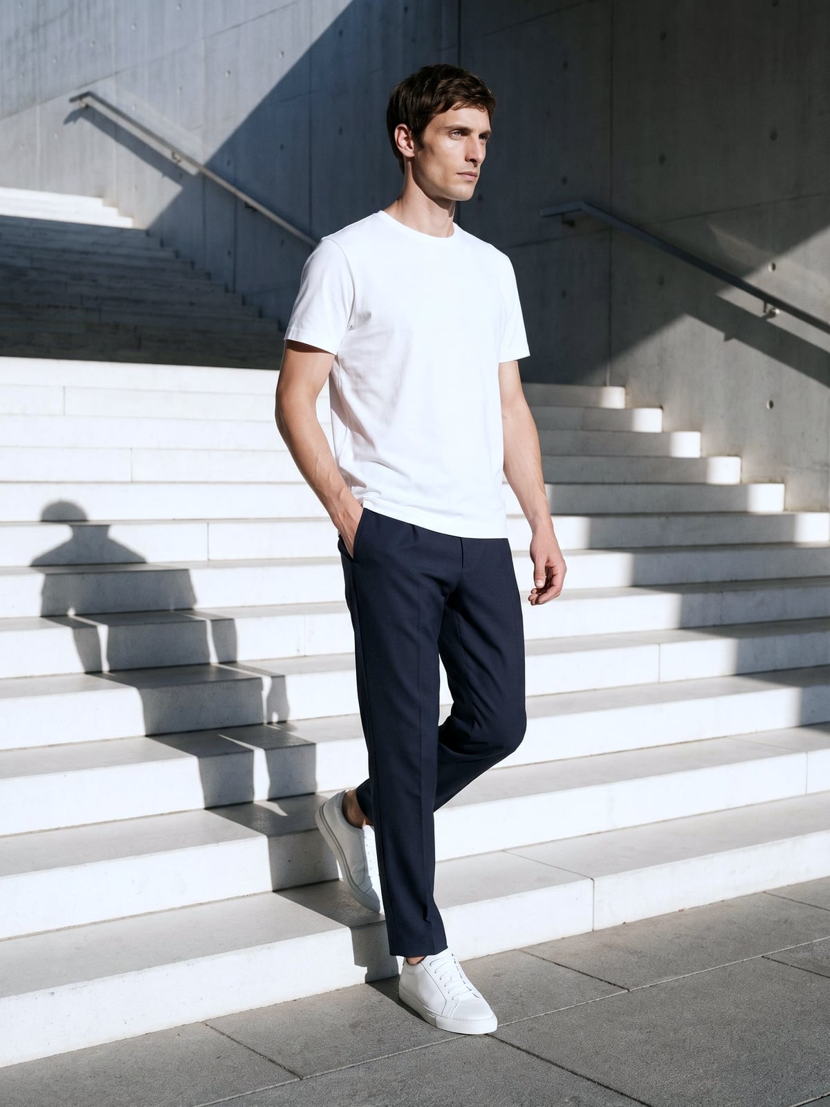 ネイビーのパンツに白い半袖Tシャツと白いスニーカー。強い日差しの外階段を歩く男性
