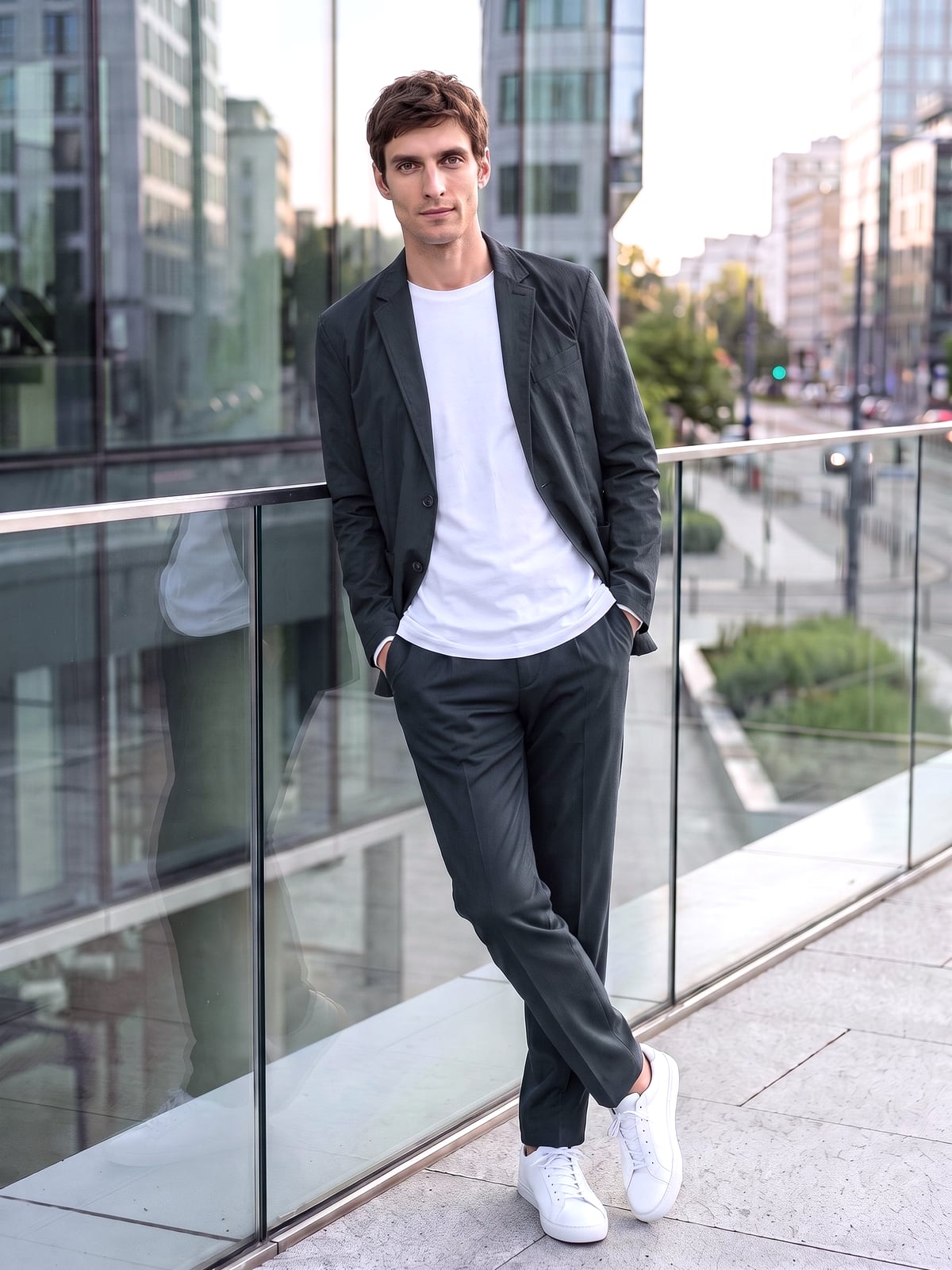 ネイビーのCODE HALセットアップの前を開け、裾を出した白いロングスリーブTシャツと白いスニーカー。街の手すりに寄りかかる男性