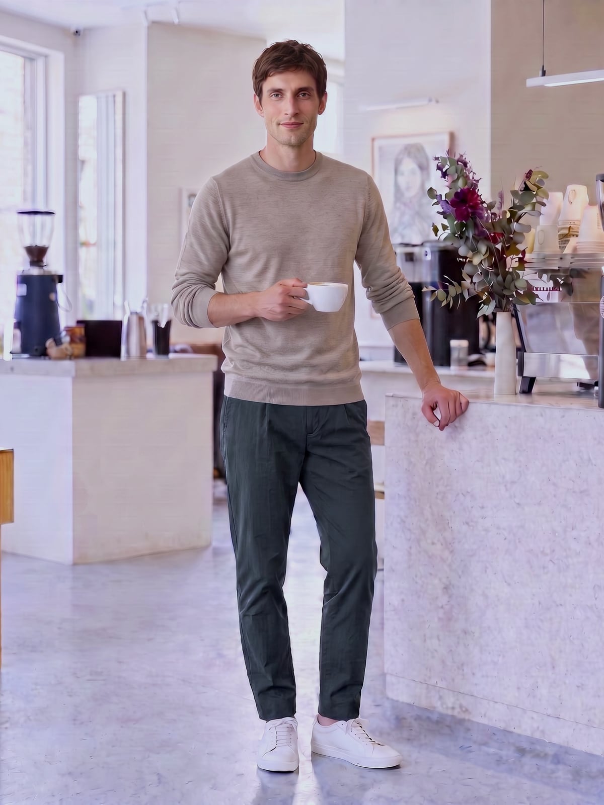 CODE HAL イージーパンツに、袖をまくったグレージュのニット。カフェでカップを持つ男性