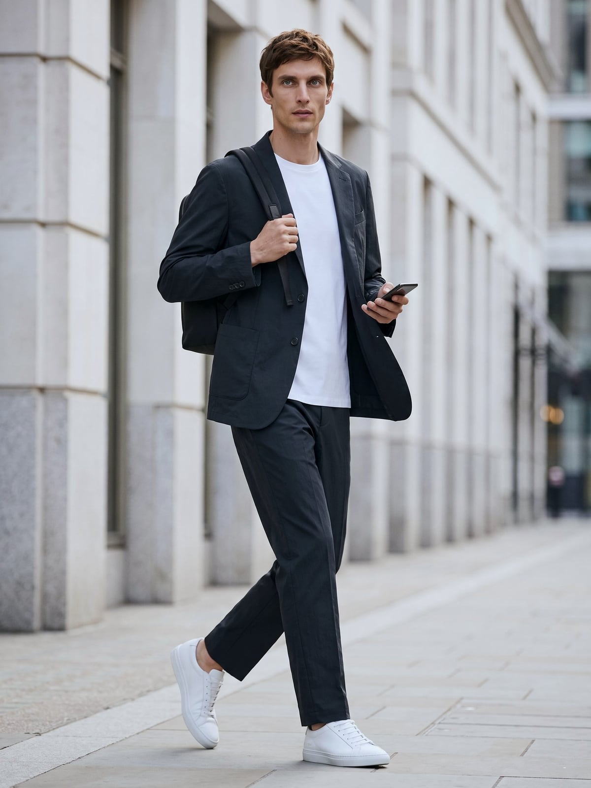 ネイビーのCODE HALセットアップに白いカットソーとスニーカー。スマートフォンを手に街を歩く男性