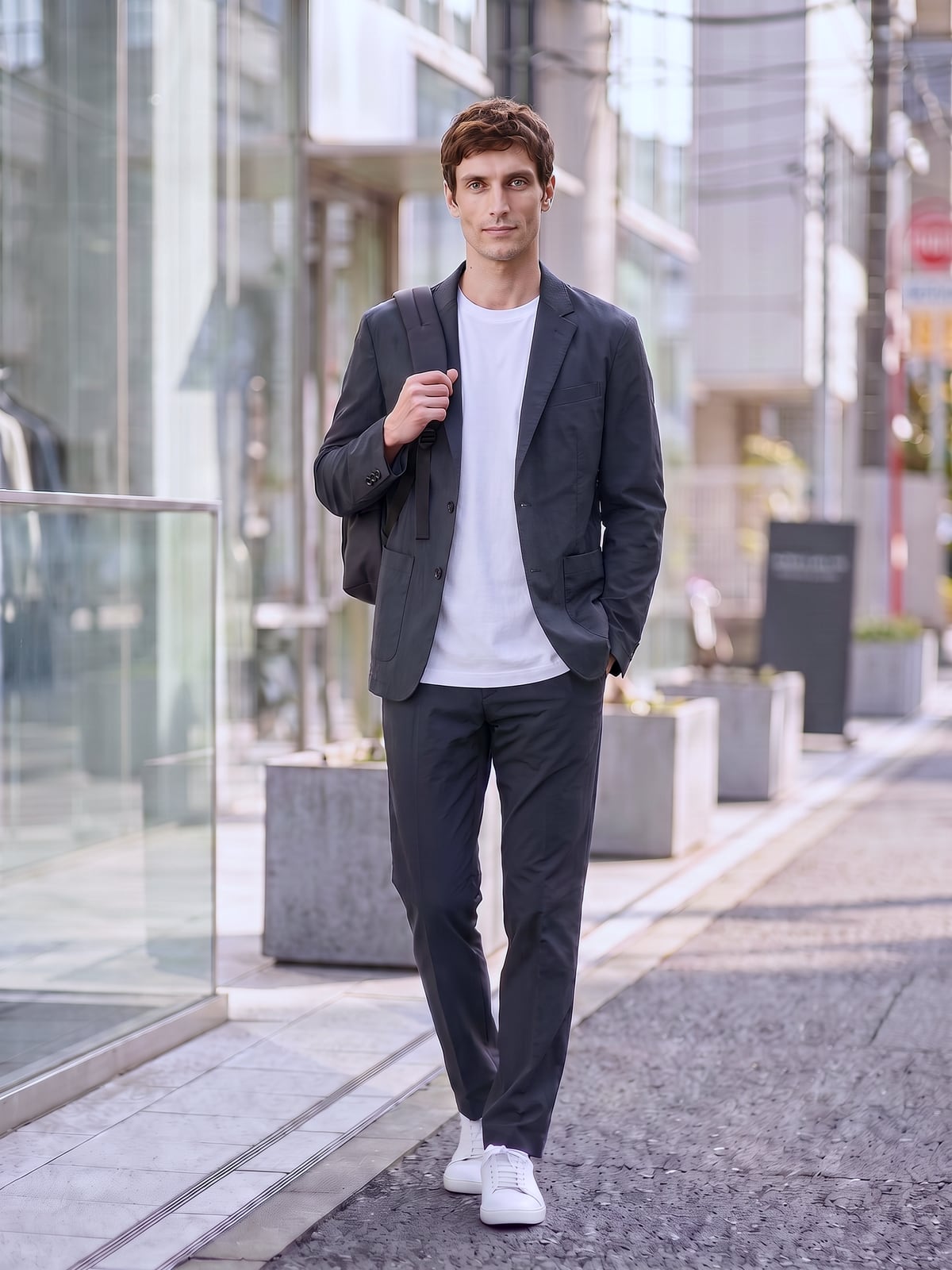 白いTシャツにCODE HALのジャケットとイージーパンツを合わせ、街を歩く男性（AIで生成したイメージ）