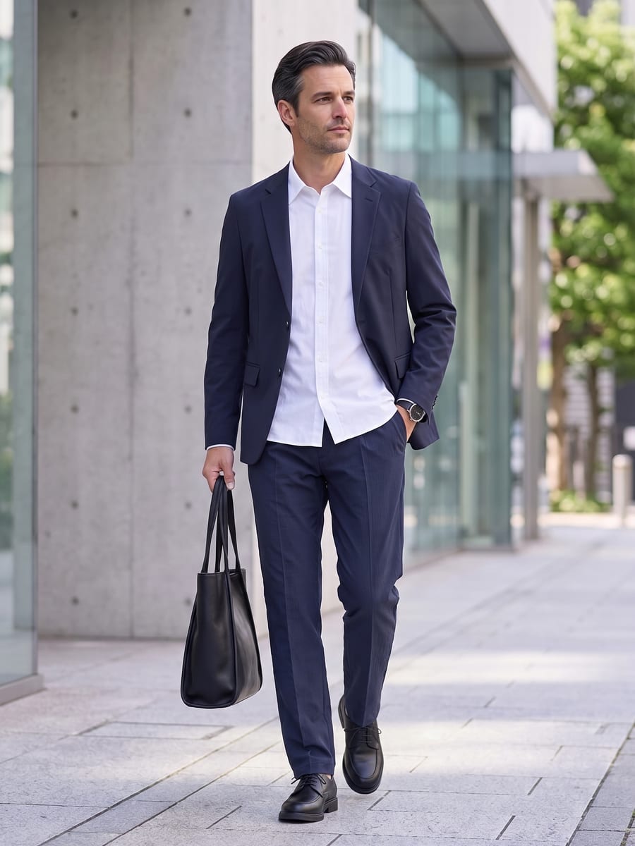 ネイビーのジャケットと合わせる、ネイビーのパンツ