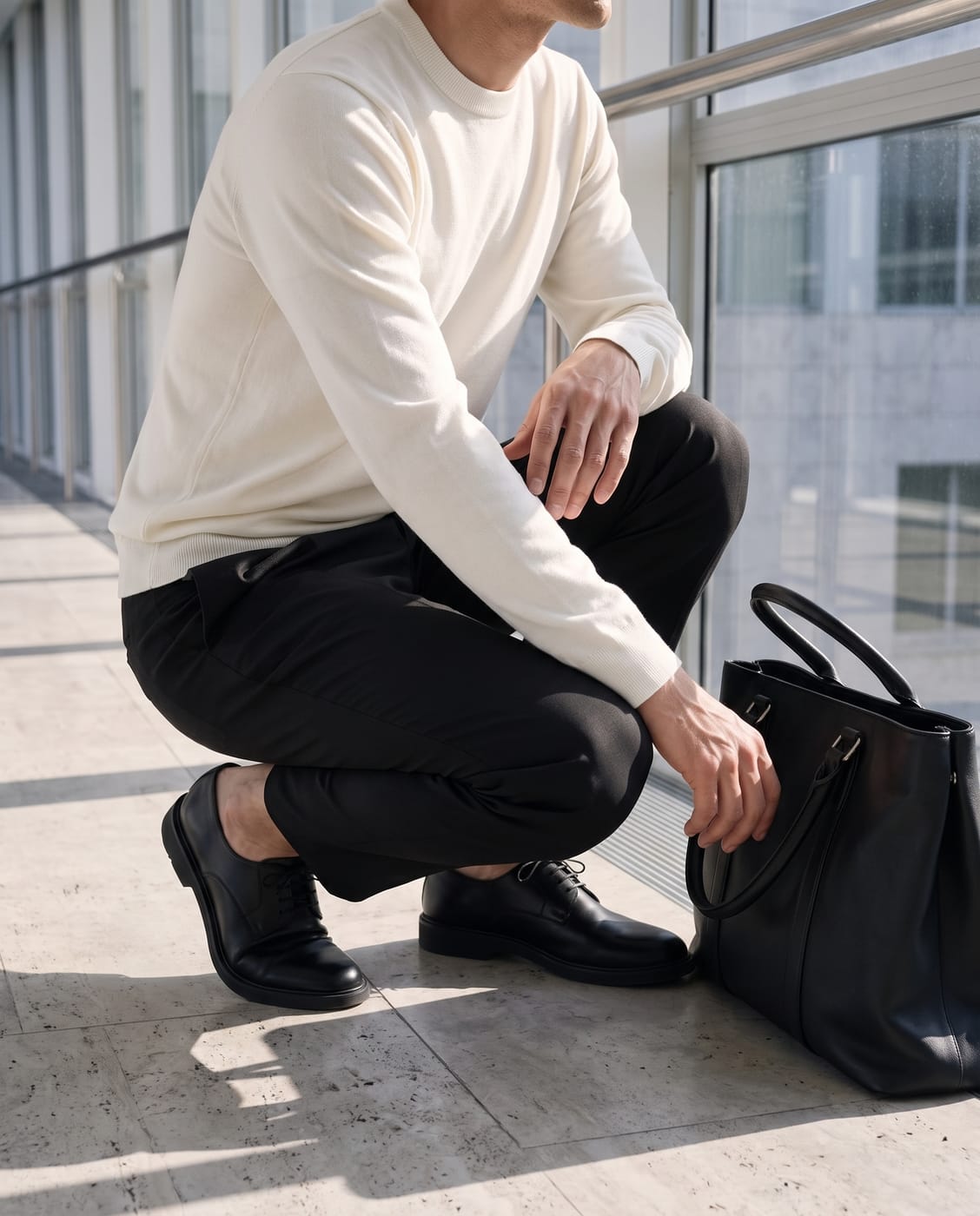 バッグを取ろうとしゃがむ。ひざと腿の上でもセンタープレスの線が残る