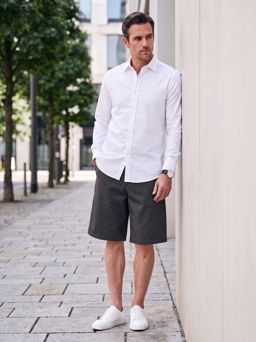 チャコールのパンツを軸に、色数を抑えて
