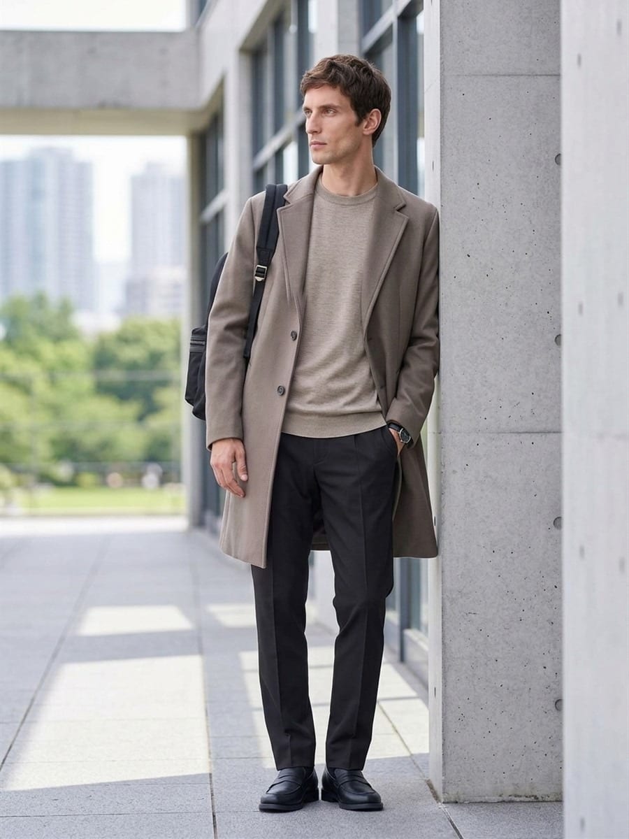 グレージュのコートに、ブラックのパンツ