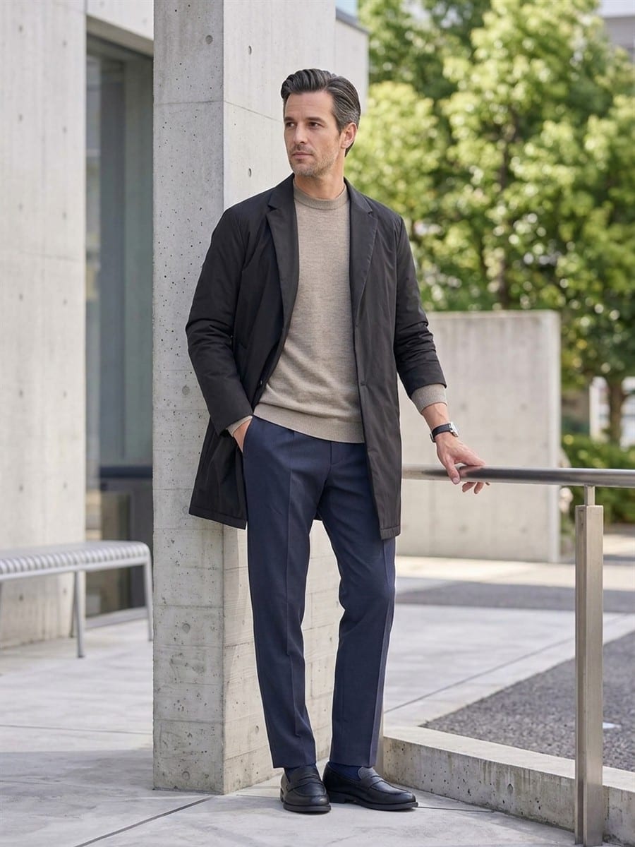 ネイビーのパンツと合わせる、ブラックのコート