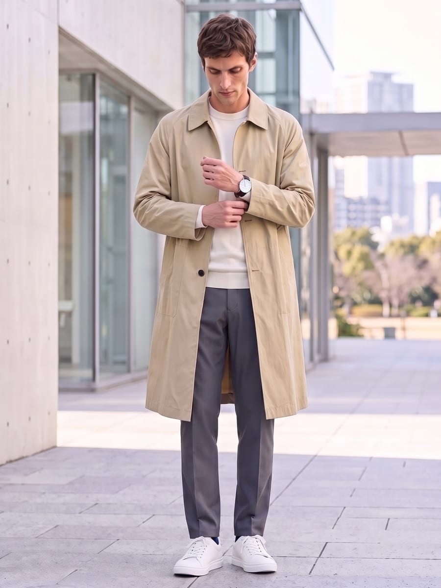 ベージュのコートに、グレーのパンツ