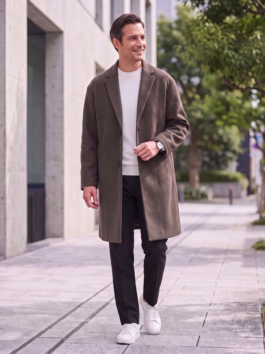 ブラウンのコートに、ネイビーのパンツ