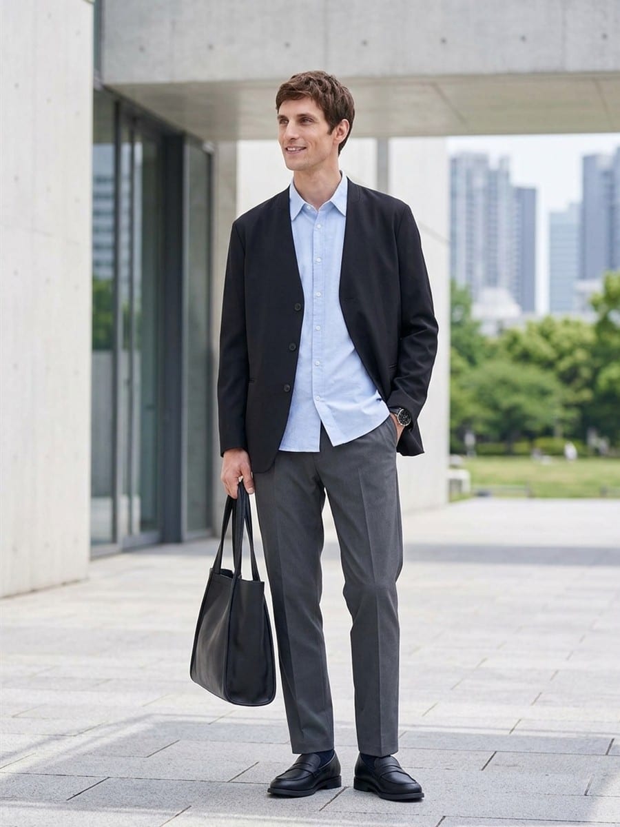 ブラックのジャケットに、グレーのパンツ