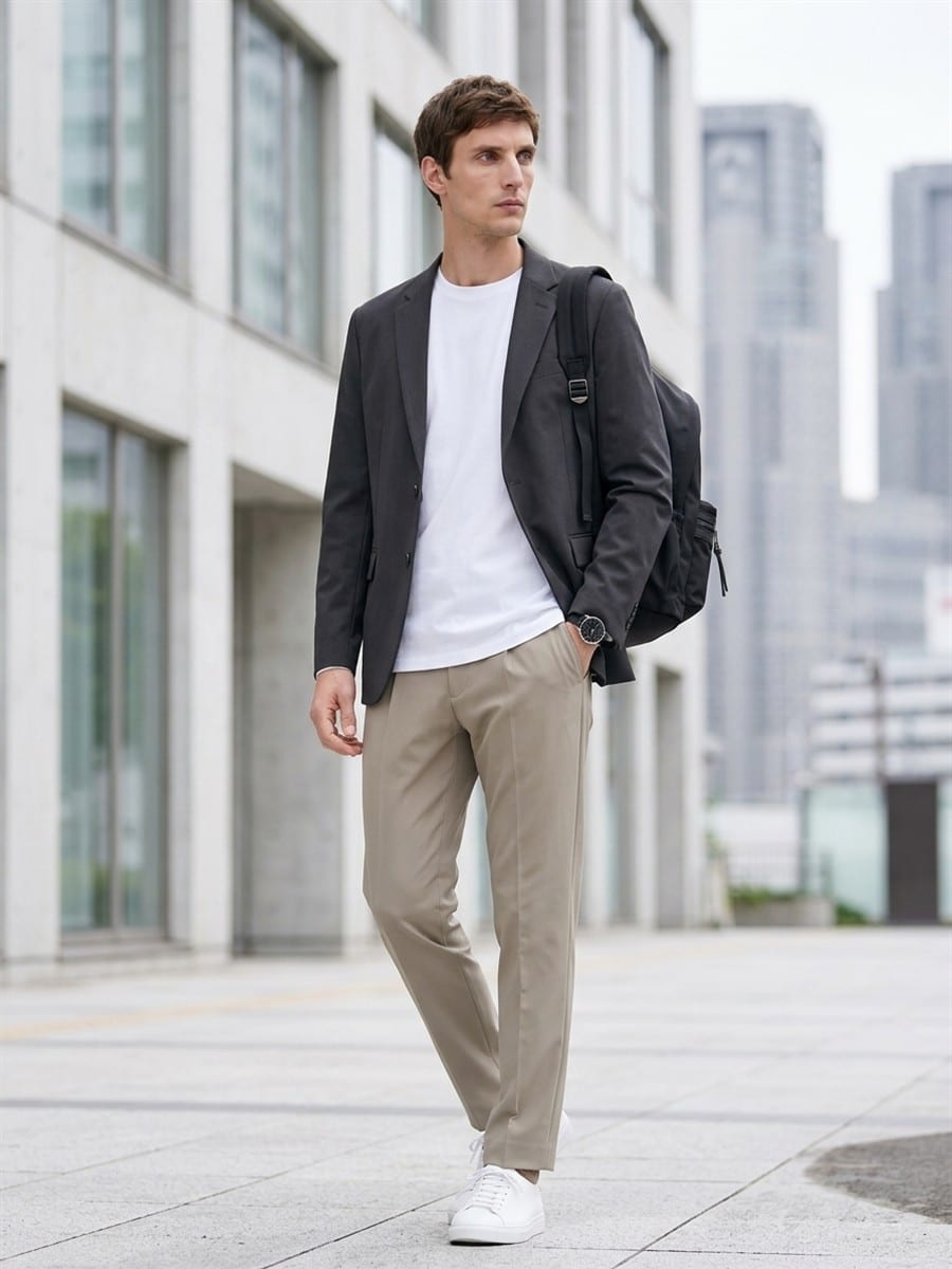 ベージュのパンツと合わせる、チャコールのジャケット