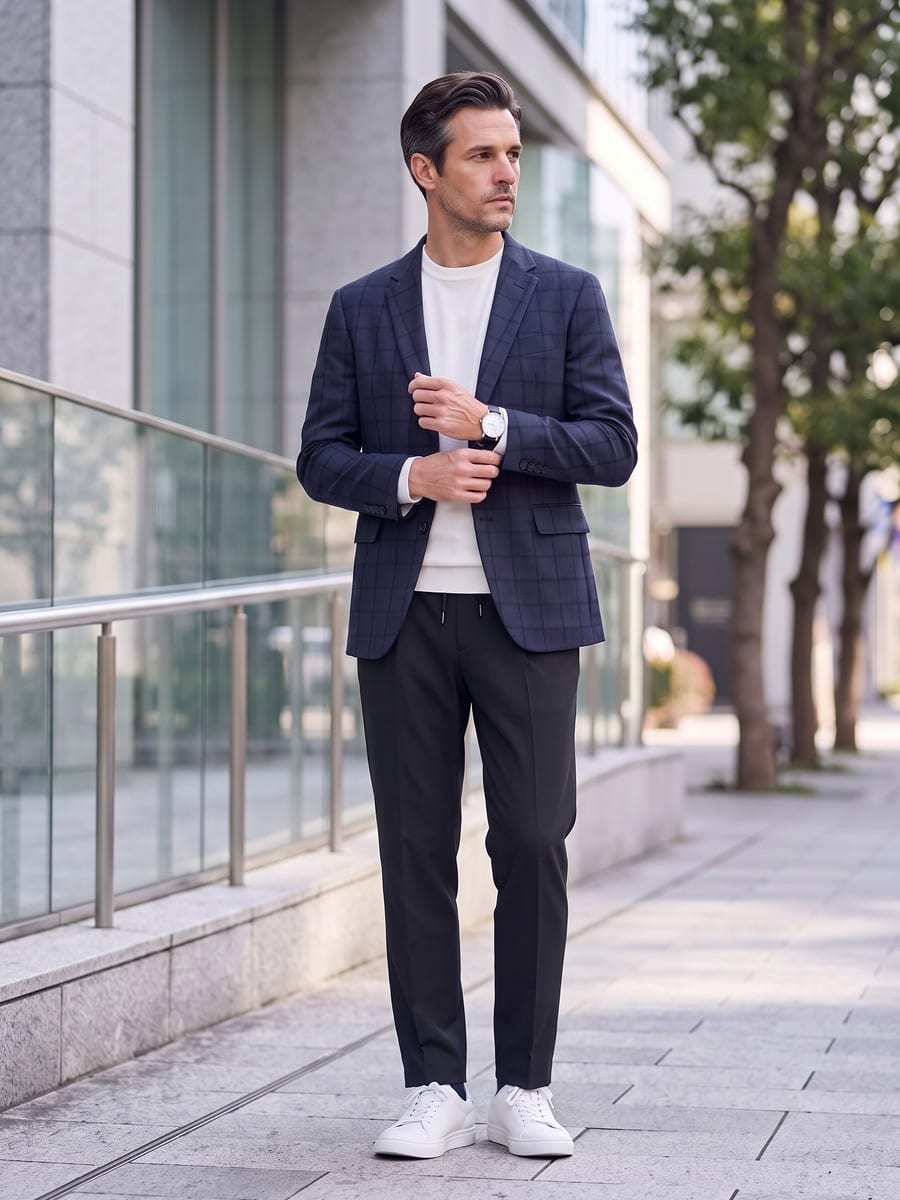 ブラックのパンツと合わせる、ネイビーチェックのジャケット