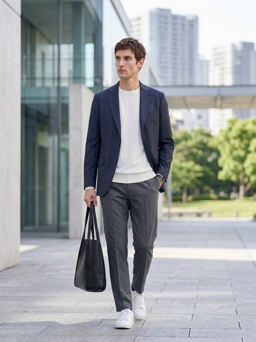 ネイビーのジャケットに、グレーのパンツ