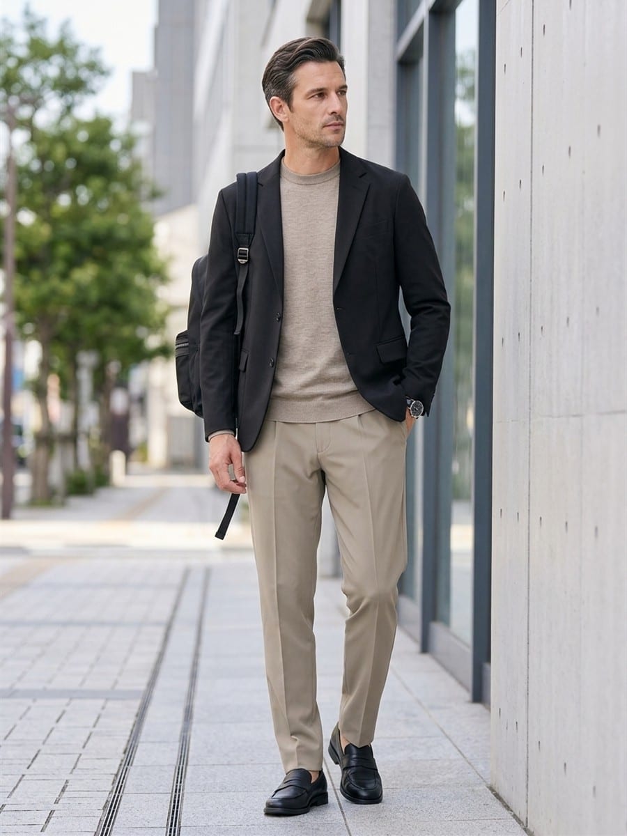 ブラックの羽織りに、ベージュのパンツ