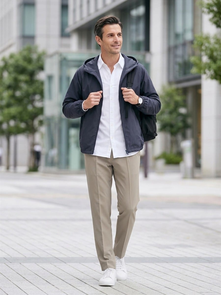 ネイビーのパーカーに、ベージュのパンツ