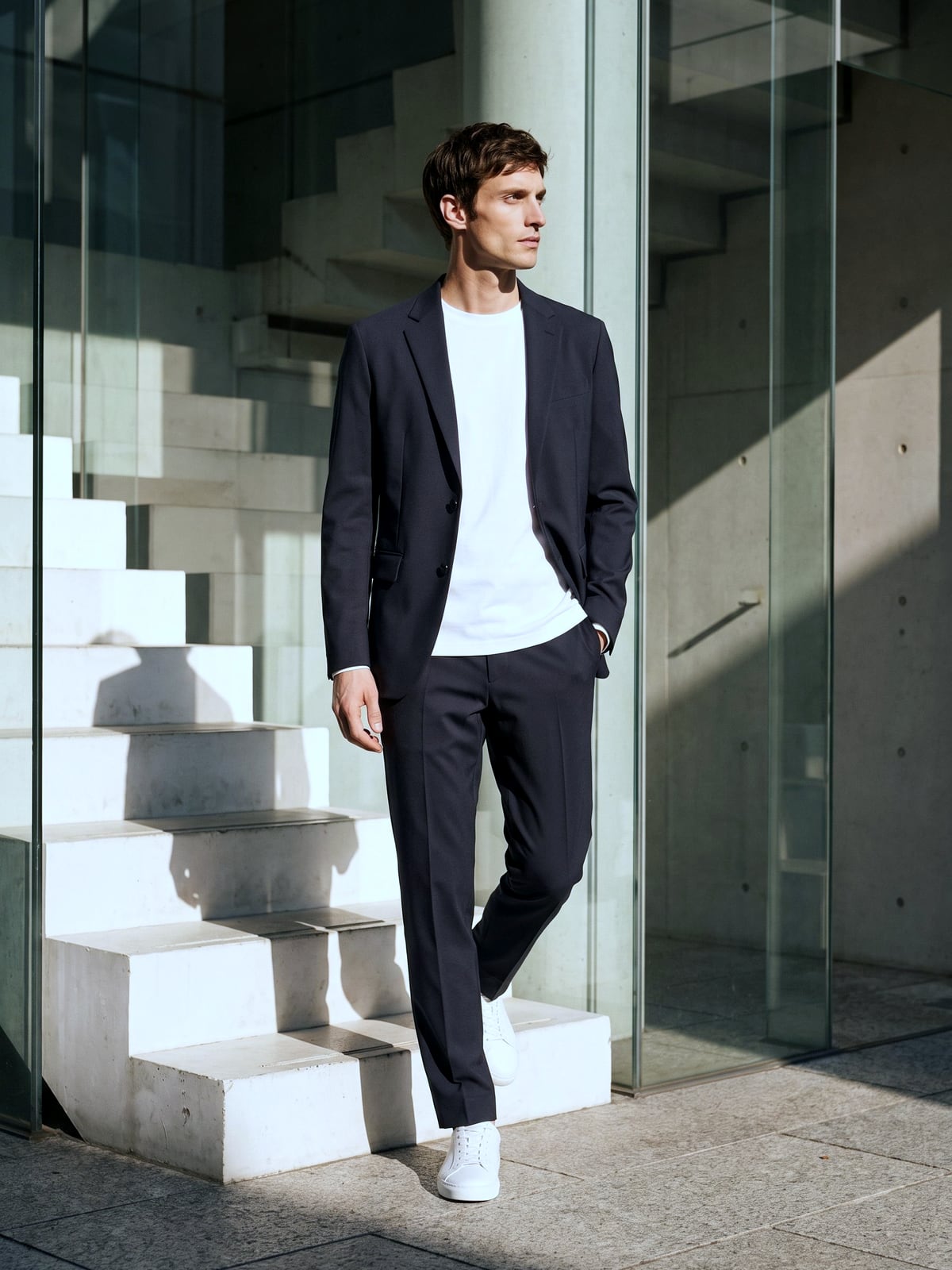 ネイビーのジャケットとパンツに白いロングスリーブTシャツと白いスニーカー。外階段の前を歩く男性