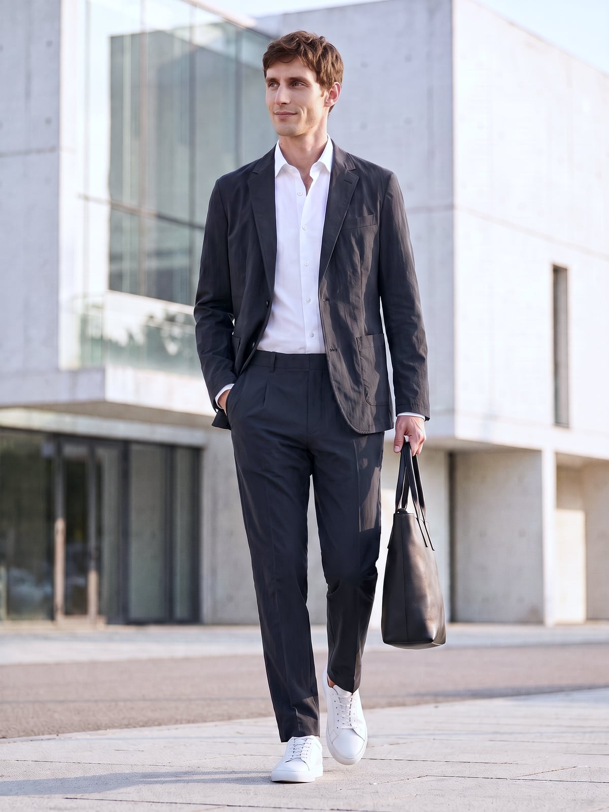 ネイビーのCODE HALセットアップの前を開け、白いシャツと白いスニーカー。朝の光の中、白いコンクリートとガラスの建物の前を歩く男性