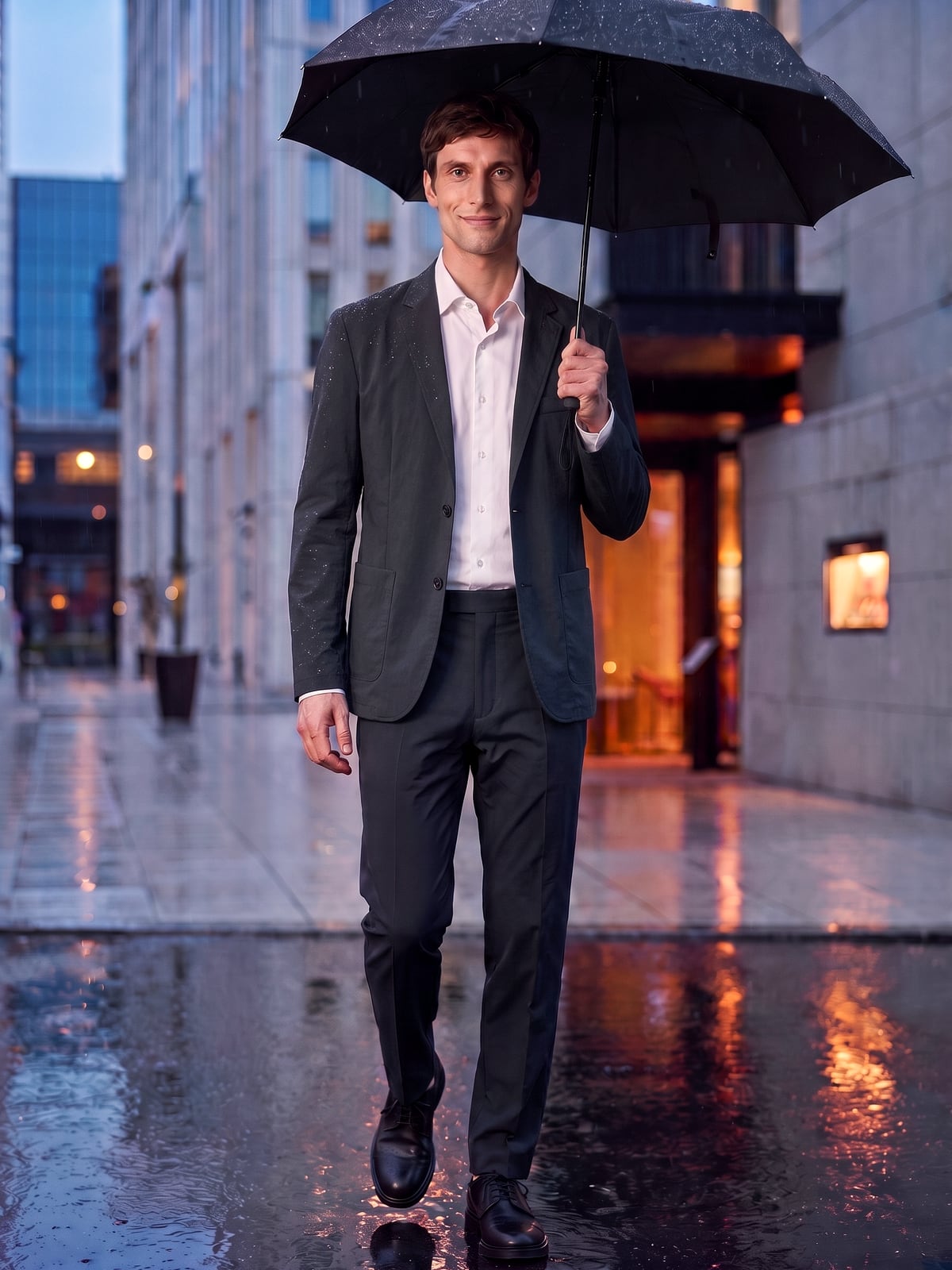 ネイビーのCODE HALセットアップで傘をさし、夕方の雨の街を歩く男性