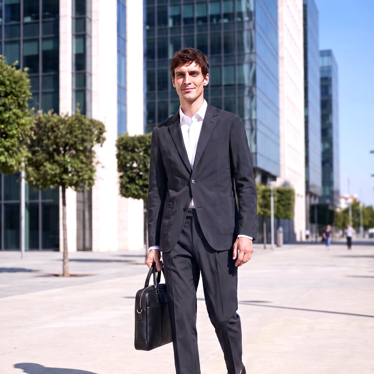ネイビーのCODE HALセットアップに白いシャツ。日差しの強いオフィス街を、ブリーフケースを持って歩く男性