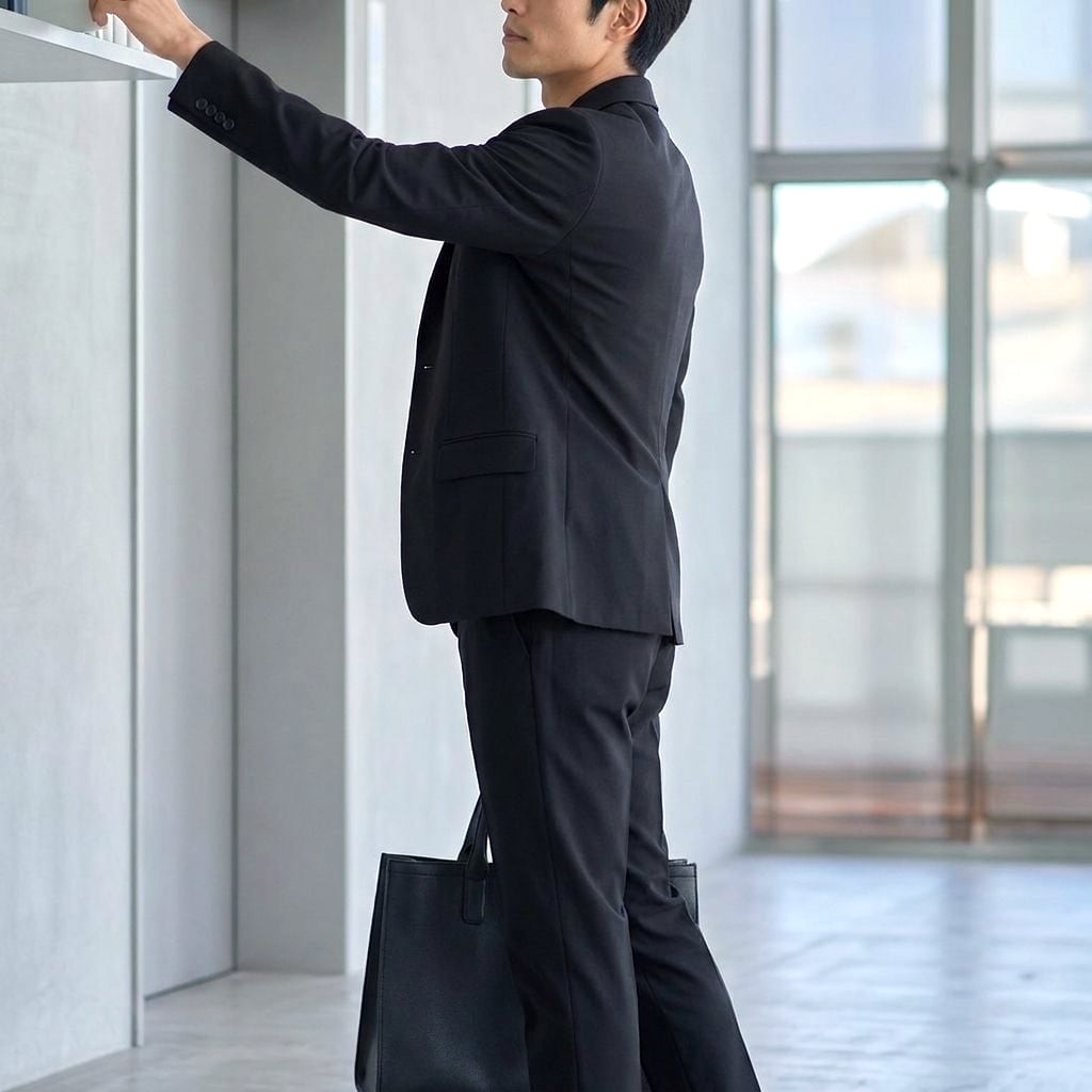 ブラックのCODEジャケットを着て腕を上げても肩が突っぱらない男性