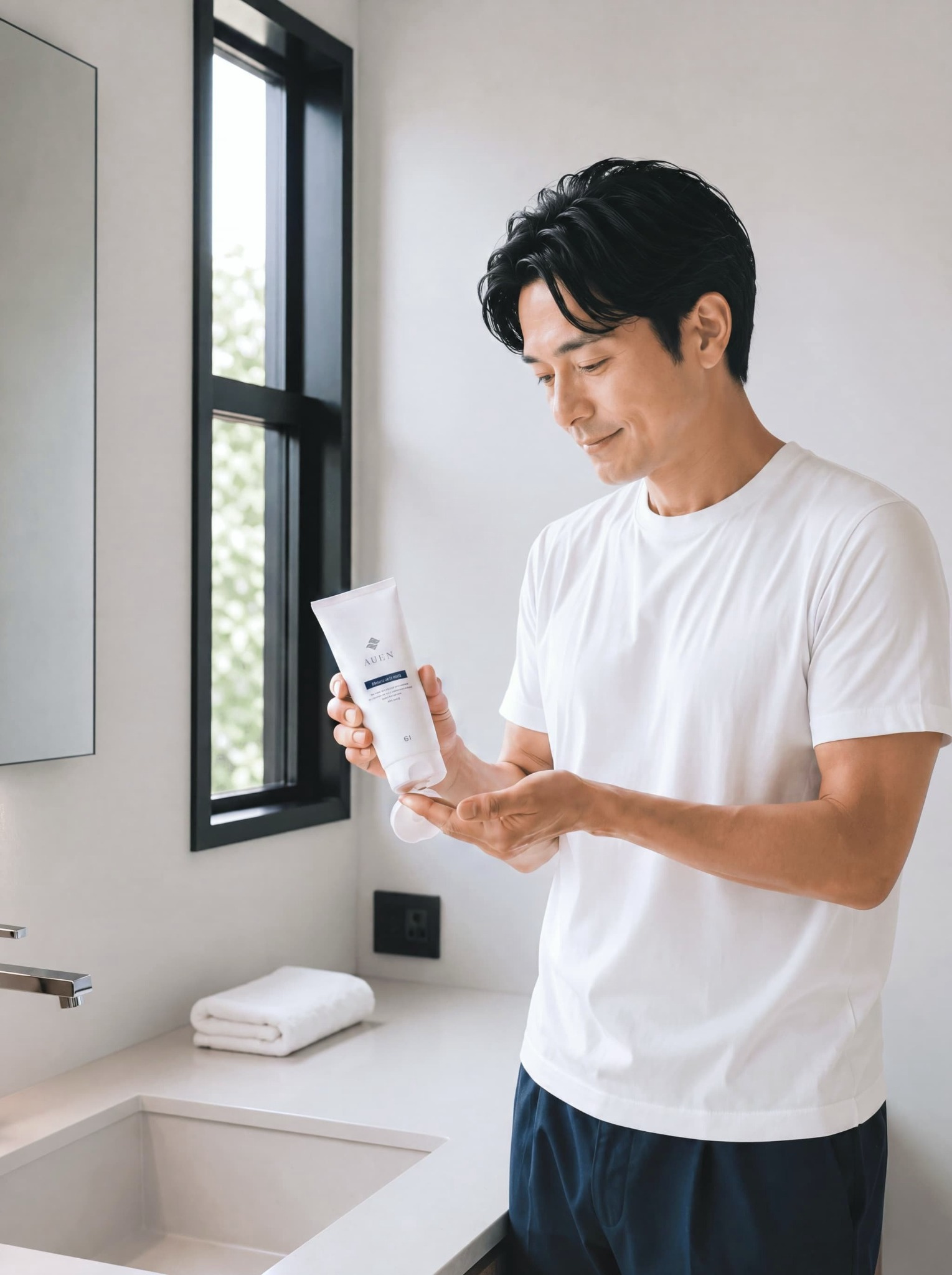 洗面台で洗顔フォームを手に取る、落ち着いた白基調・自然光の体験写真