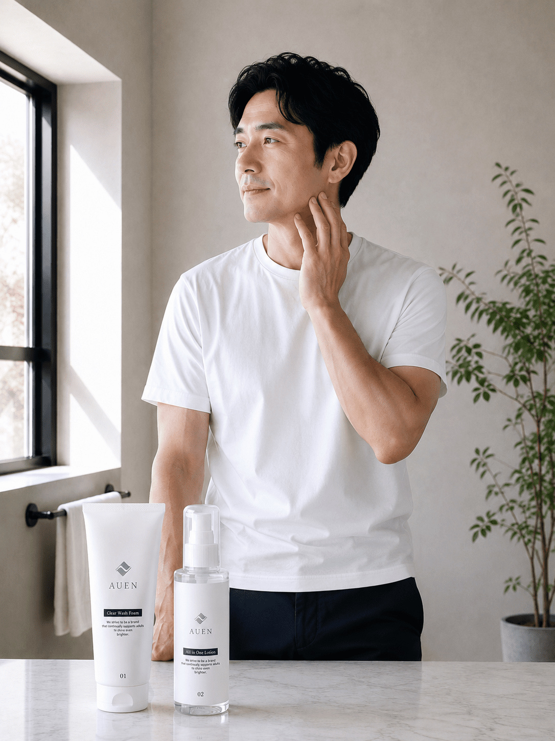 明るい洗面所でスキンケアをする男性と、CODE スキンケアセットの2本