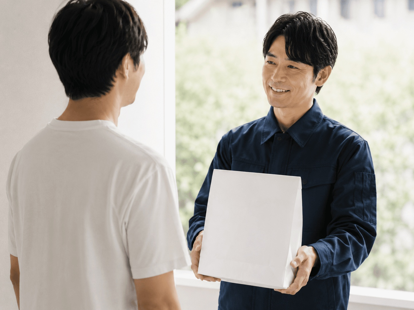 配送スタッフが商品を手渡しでお届けする様子（送料無料）。
