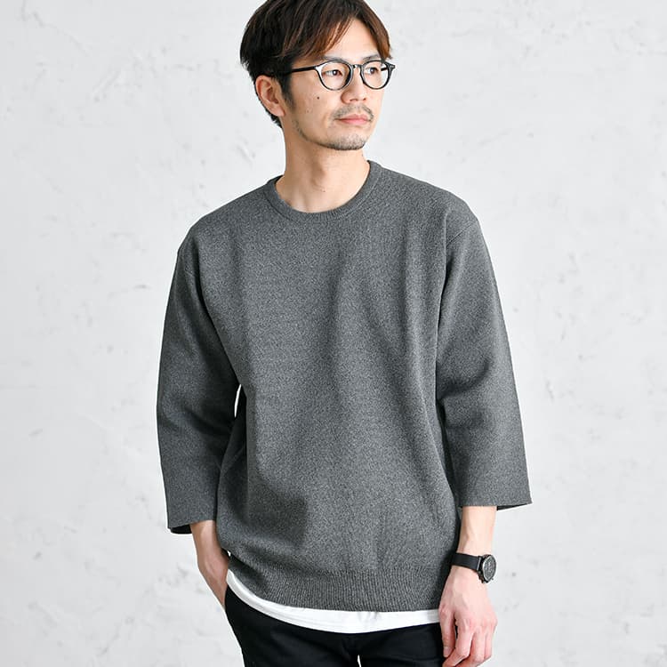 テックリブ 7分袖クルーネックニットセーター